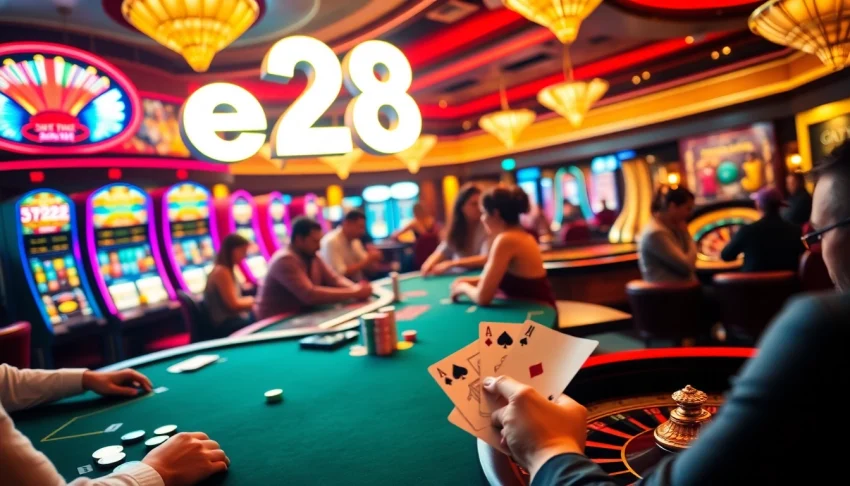 Enjoy the thrill of the e28 casino experience with vibrant poker chips, colorful cards, and roulette wheels.