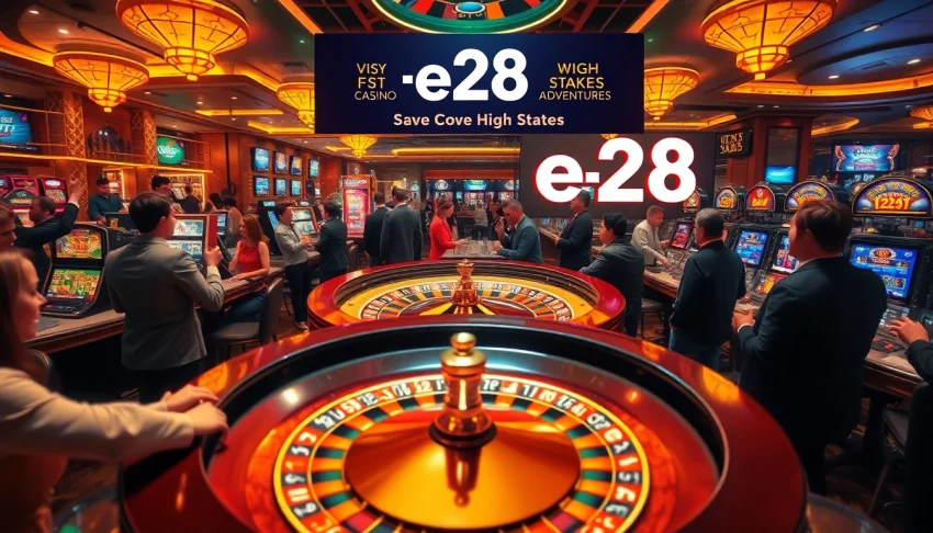 Experience the thrill of the e28 casino with players at roulette and slot machines.