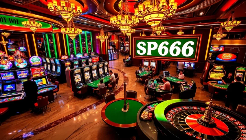 SP666 offers thrilling casino action with vibrant slot machines and engaged poker players.