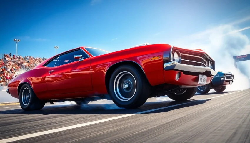 Competitive drag racing event showcasing two cars in a high-speed race on the track.