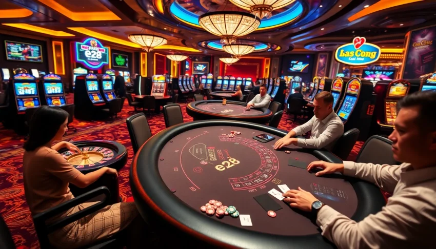Experience thrilling gameplay at e28's high-stakes blackjack tables with vibrant slot machines.