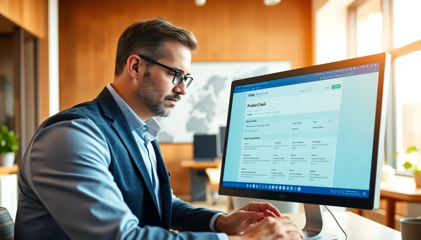 Explore FINRA BrokerCheck tool on a financial advisor's screen in a modern office setting.