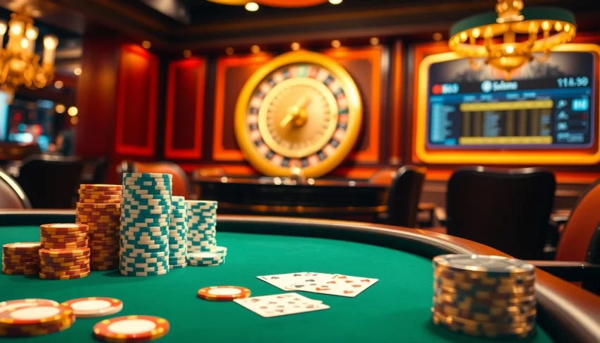 Experience the thrill of e28 at an upscale poker table, complete with vibrant chips and cards in a lively casino atmosphere.