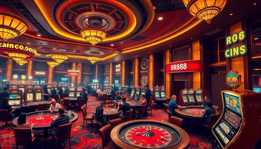 Players engaging with casino tables at RR88, showcasing the excitement of high-stakes gambling.