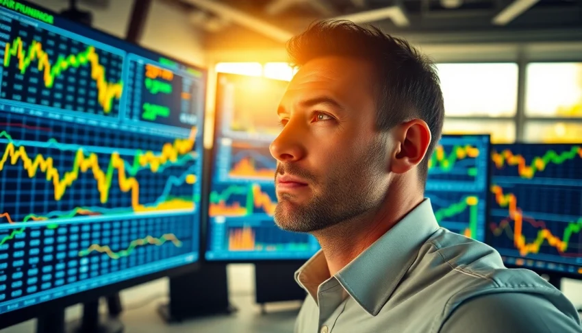 Analyze GOLD SIGNALS in a high-tech office with dynamic financial charts on screens.