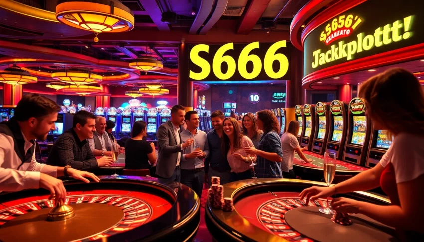 SP666 Jackpot celebration at a bustling casino with excited players at tables.