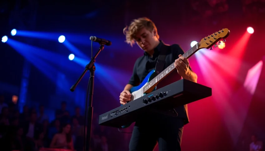 Musician showcasing the VG99 guitar modeling system during a live performance.