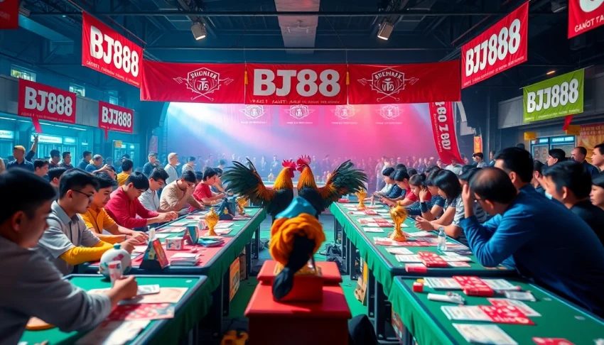 BJ88 đá gà live event showcasing high-stakes cockfighting excitement.