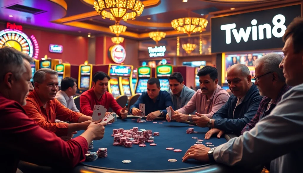 Twin68 showcases a thrilling poker game amidst vibrant casino lights and excitement.