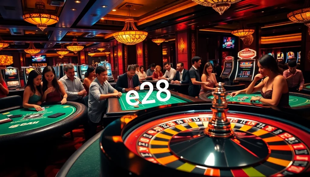 e28-themed casino gaming action featuring players ecstatic at a roulette table, highlighting the exciting atmosphere.