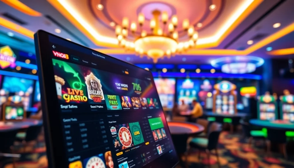 Engaging VNQ8 digital gaming interface featuring slots and live casino options.