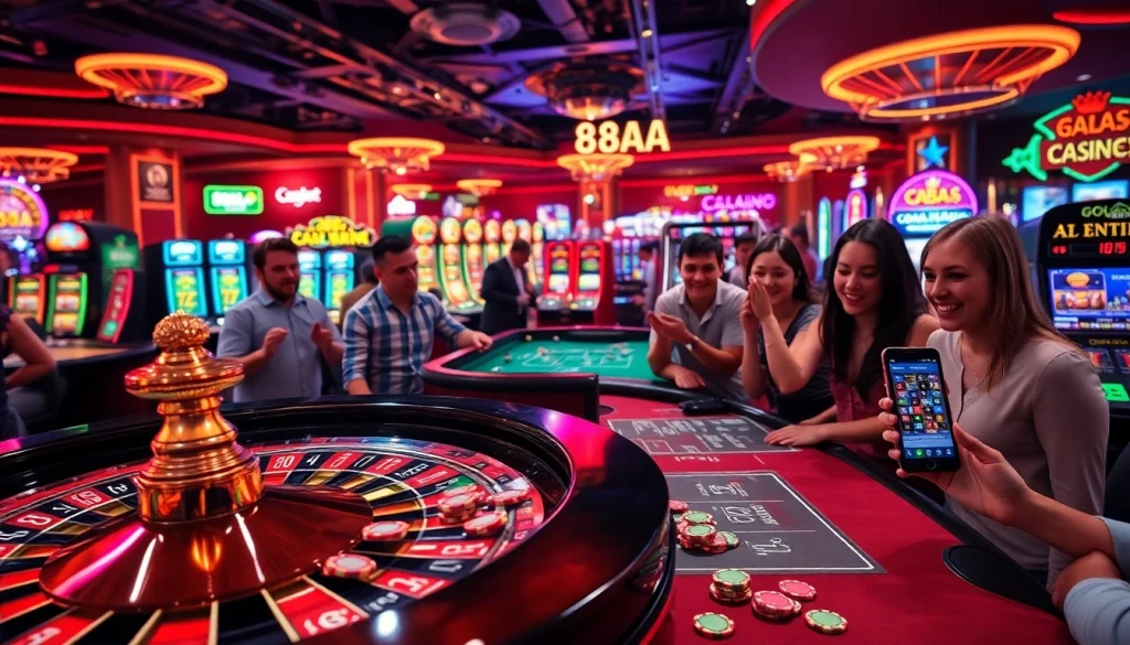 Gamblers enjoying the thrilling atmosphere of a casino while playing 88AA-themed games and placing bets.
