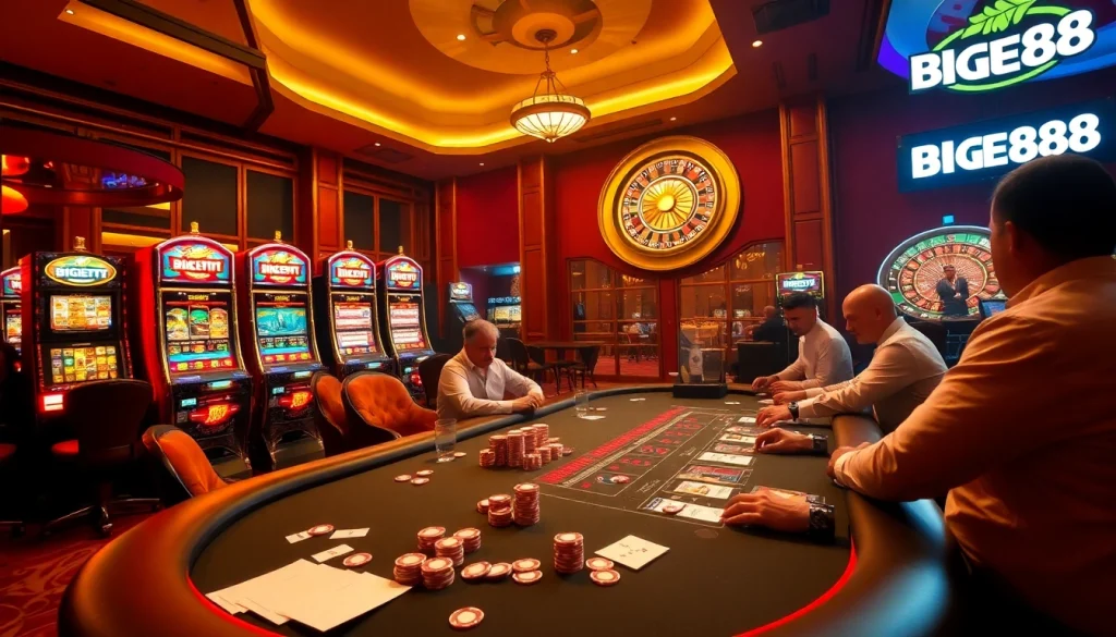 BIGBET88 premium casino scene with players at a high-stakes poker table amidst lively slot machines.