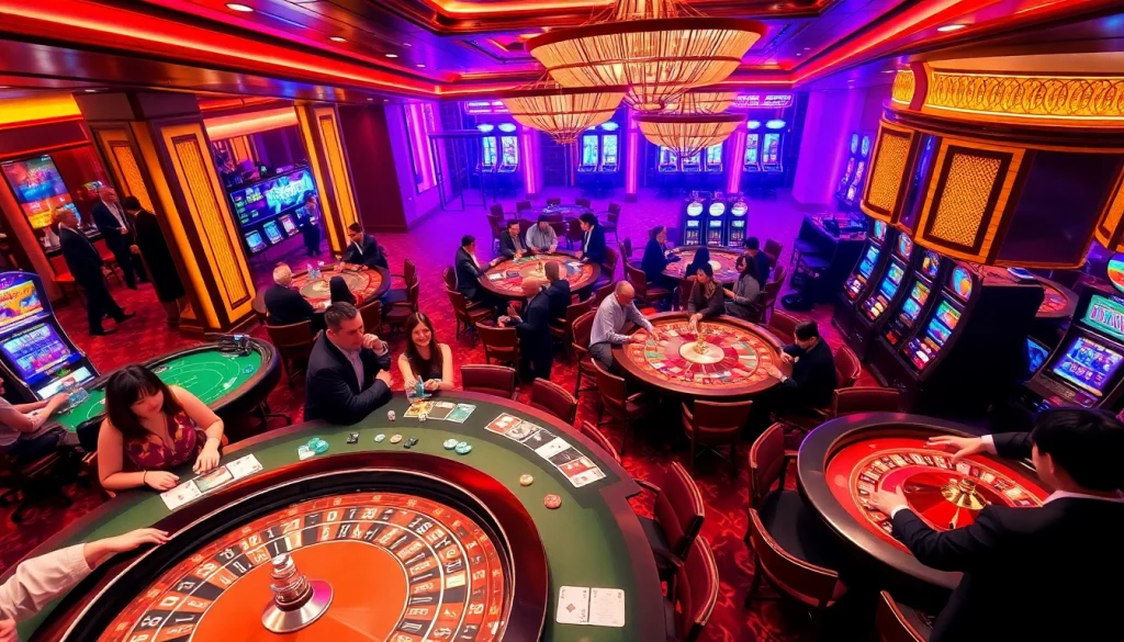 Experience the thrill at NgonClub casino with players enjoying card games and roulette in a vibrant atmosphere.