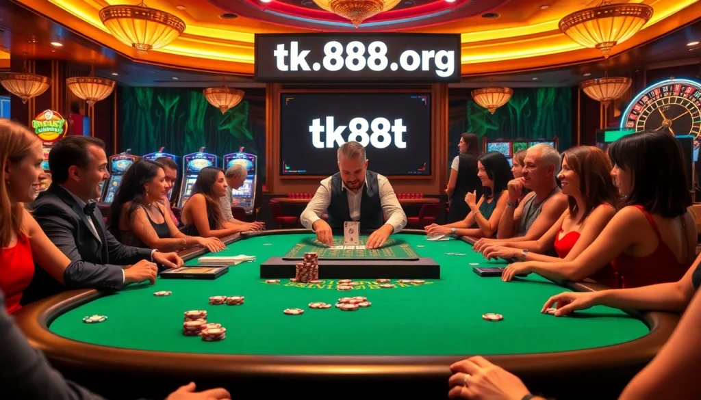 Exciting casino moment at https://tk88t.org/ with players at a blackjack table and vibrant slot machines.