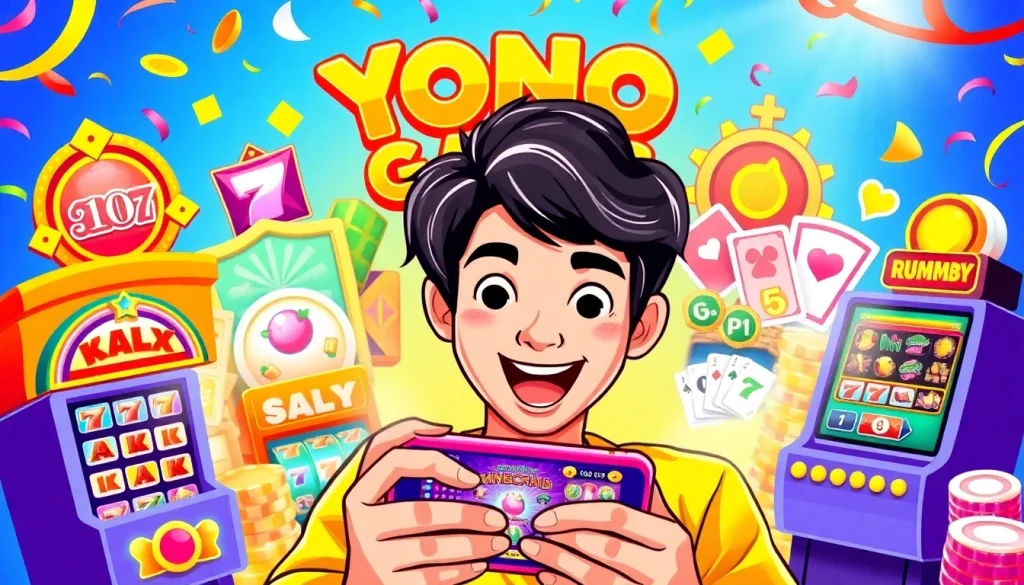 Engaging illustration representing Yono All Games with colorful gaming elements and a player enjoying gameplay.