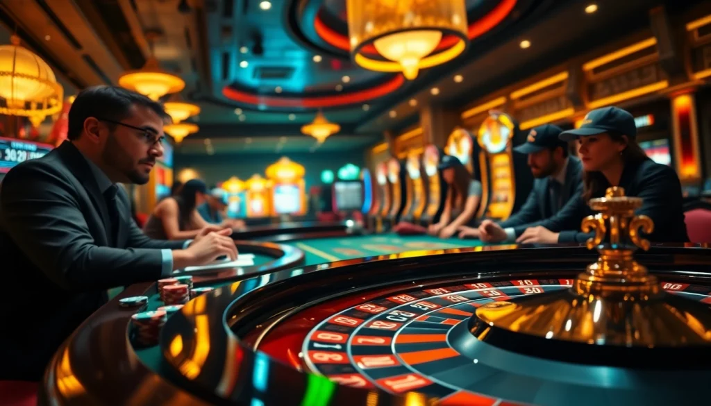 Players enjoying exhilarating sh bet experiences at a luxurious roulette table in a vibrant casino.