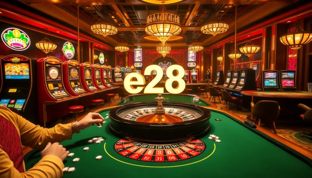 Vibrant casino scene with e28-themed roulette and poker tables inviting gamers to win big.