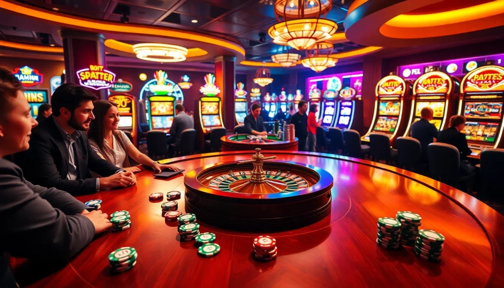 Players enjoy a thrilling game of poker with SP666-themed poker chips in a bustling casino atmosphere.