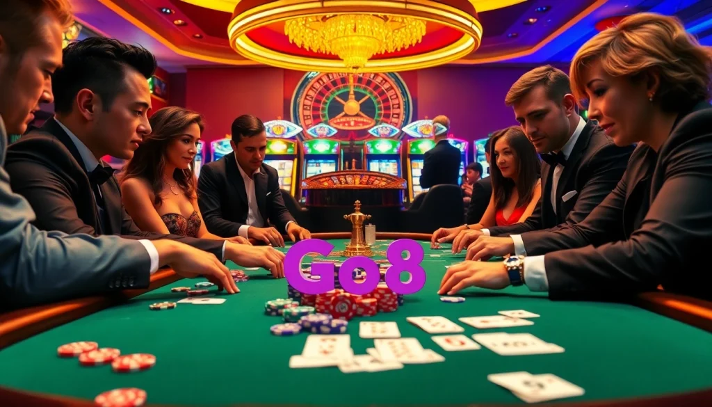 Players in an intense poker game at a casino table showcasing go8 poker chips and vibrant card reveals.
