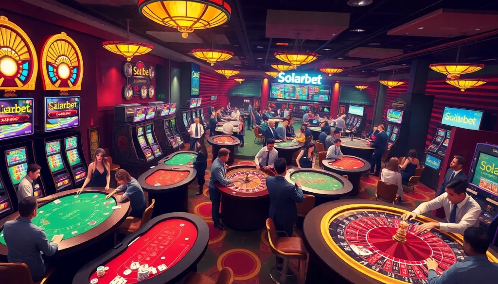 Solarbet casino scene showcasing players enjoying roulette and slots in a lively atmosphere.