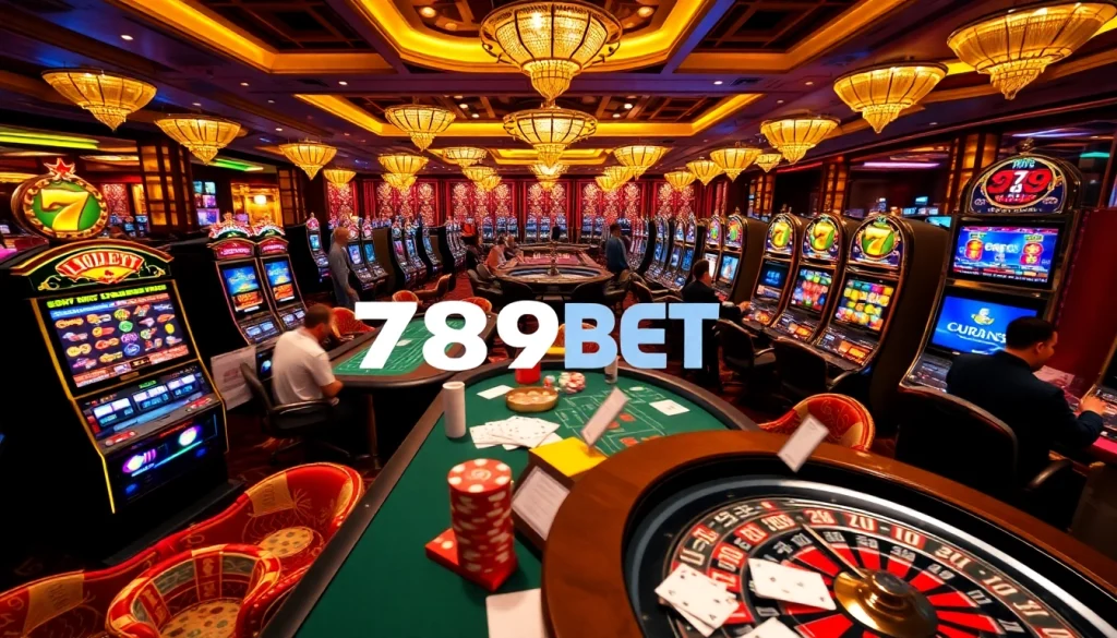 Exciting scene of players betting at 789BET casino tables with vibrant lights.