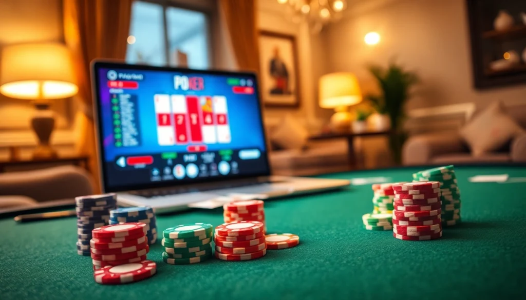 Engage in Online poker with a professional setup featuring vibrant chips and cards on a stylish table.