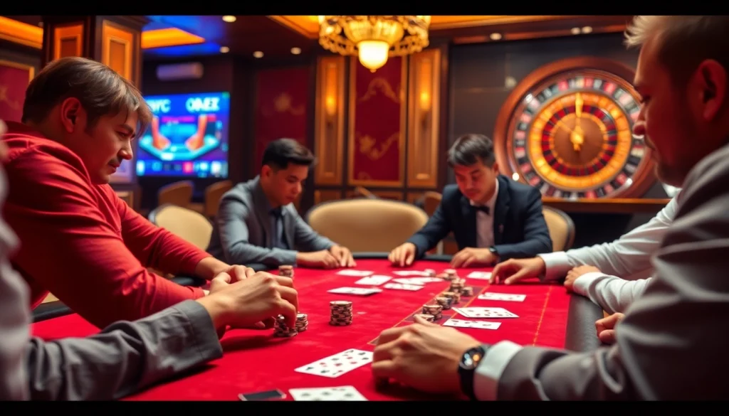 Experience a thrilling QQ 88 poker game with intense players, chip stacks, and a luxurious gaming table, capturing the essence of high-stakes gambling.