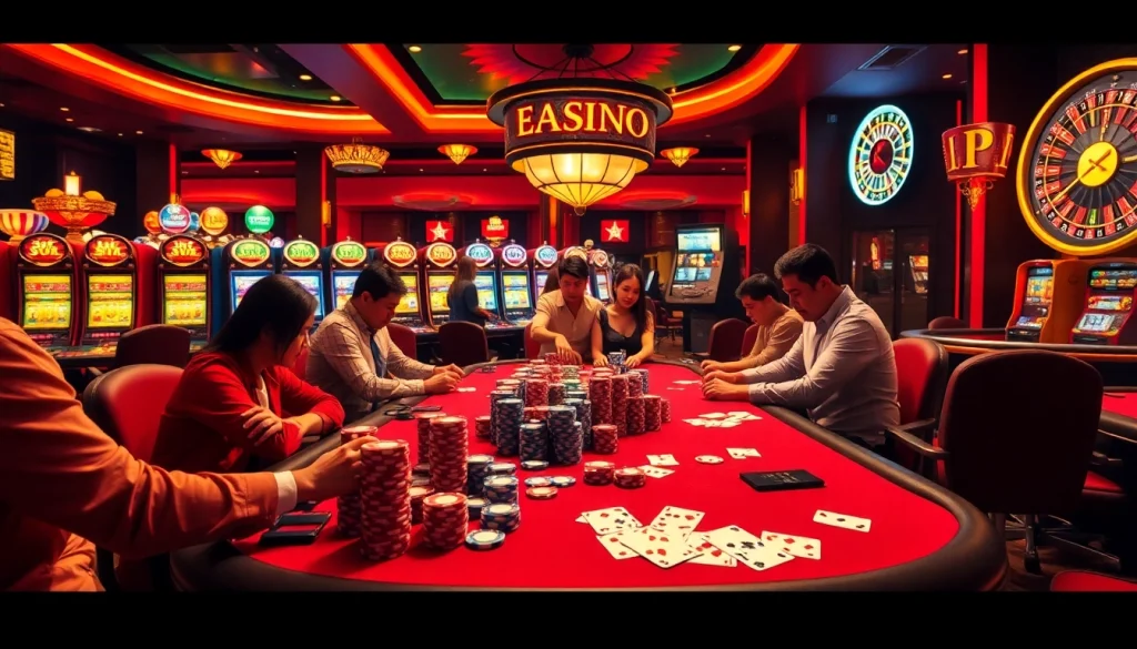 A vibrant casino scene at Phdream PH featuring players at a poker table, illuminated slot machines, and a spinning roulette wheel.