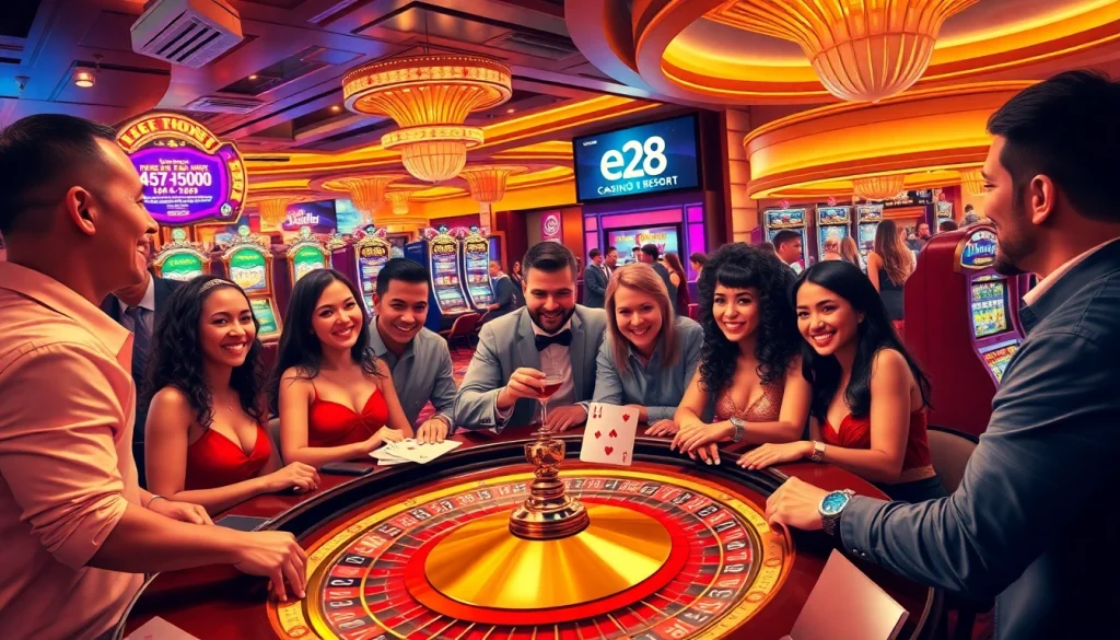 Exciting gameplay at the e28 Casino, featuring roulette, poker chips, and joyous players celebrating wins.