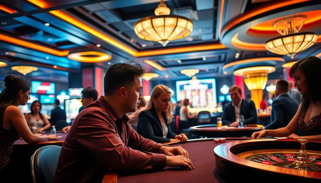 Experience the excitement of BIGBET88 with players enjoying various casino games in a vibrant setting.