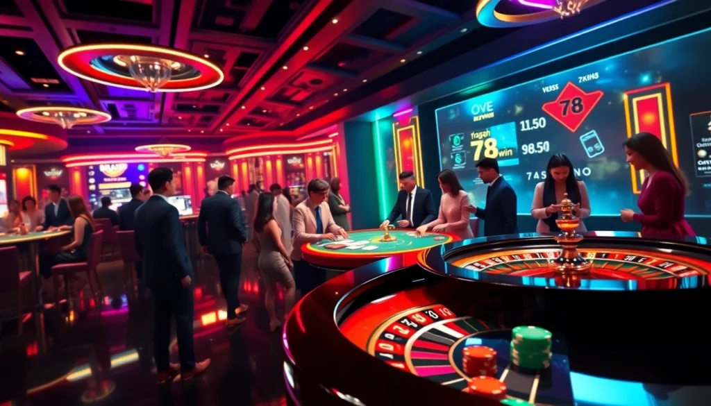 Experience the excitement of trang chủ 78win with players engaging in thrilling casino games, showcasing casino tables, chips, and digital interfaces.