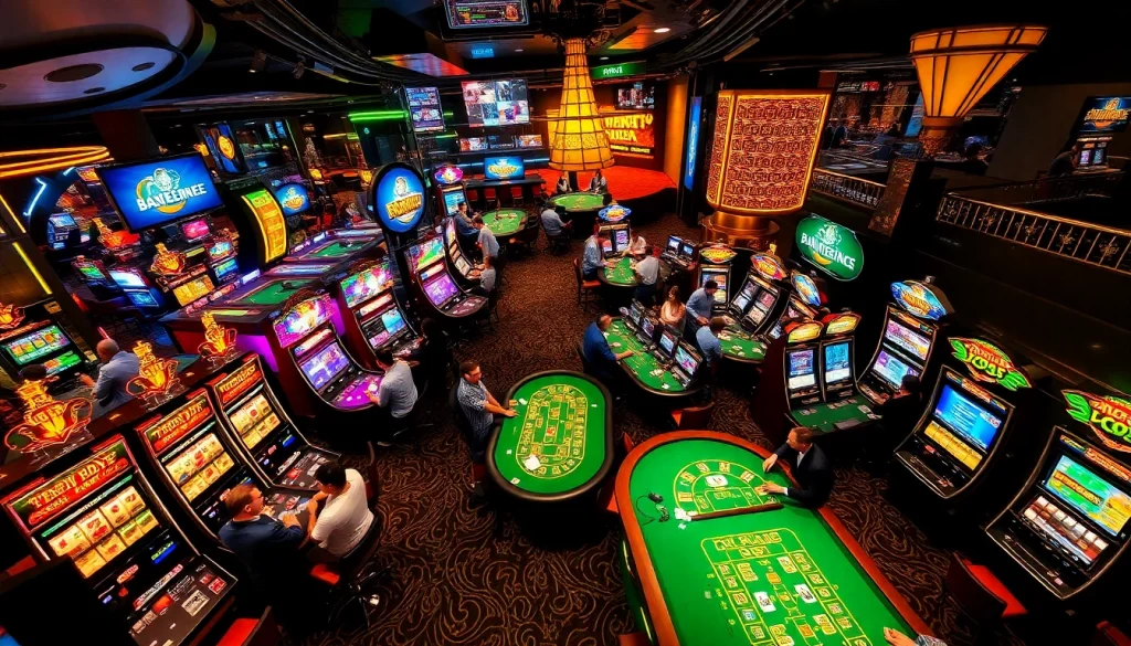 The lively atmosphere of a casino floor showcasing engaging card games at https://hz88.my/, highlighting the thrill of betting and winning.