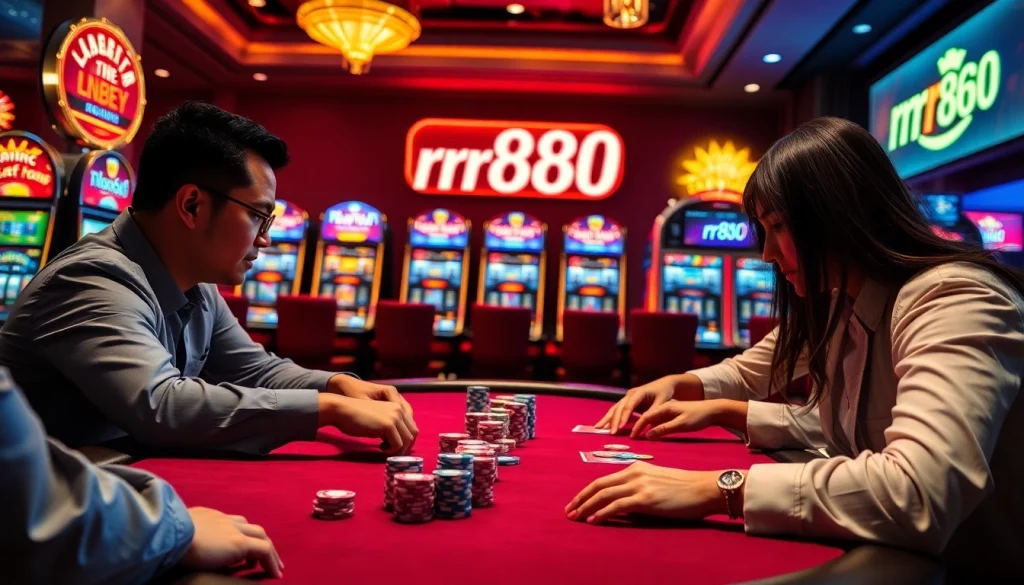 Players engaged at a vibrant casino table showcasing the thrilling atmosphere of gambling with rr888 bonuses.