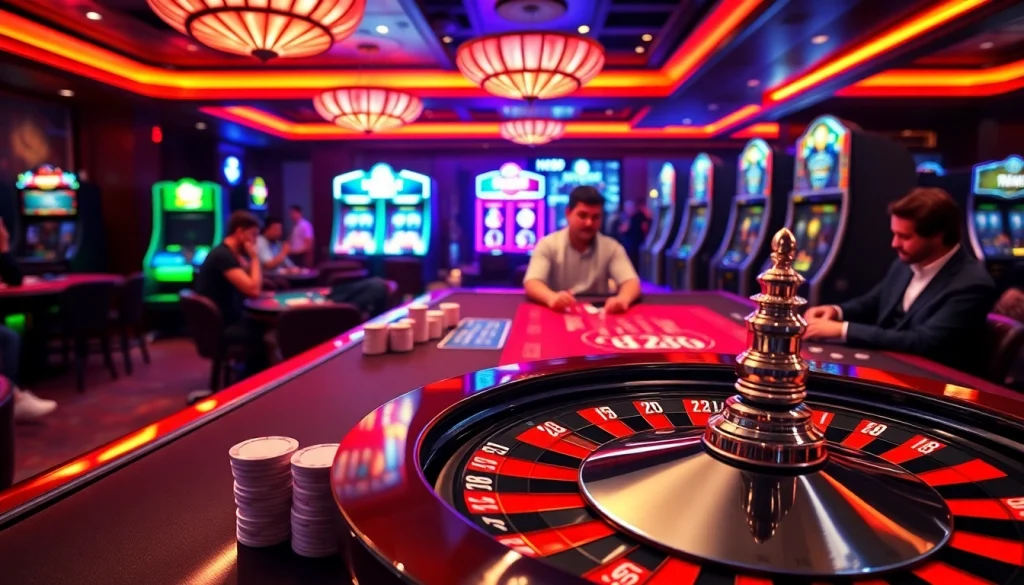 Experience the thrill of casinos with HZ88 at the roulette wheel, surrounded by eager players and vibrant slot machines.