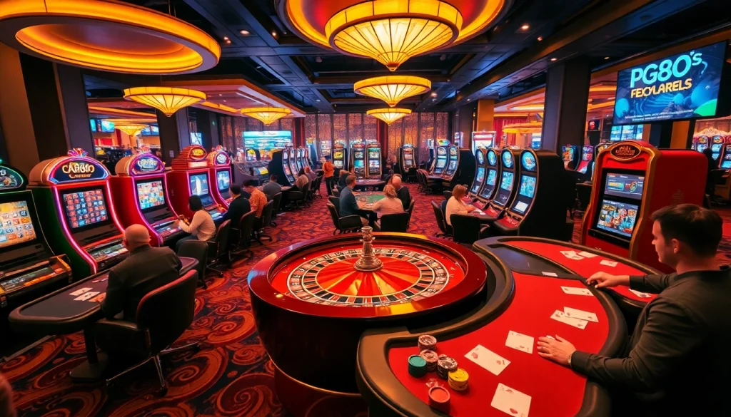 A thrilling casino scene at https://pg88s.it.com/ with vibrant slot machines and focused players at poker tables.