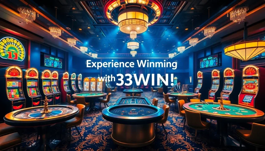 Experience the excitement of winning at 33WIN, featuring vibrant casino tables, poker chips, and eager players engaged in high-stakes games.