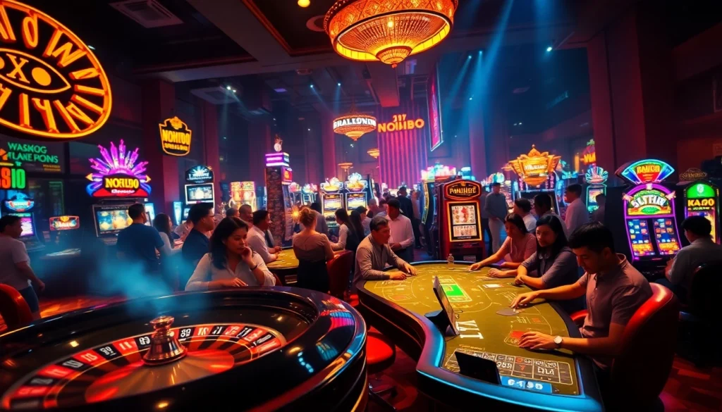 Players enjoying games at NOHU90 casino, featuring vibrant slot machines and classic roulette tables.
