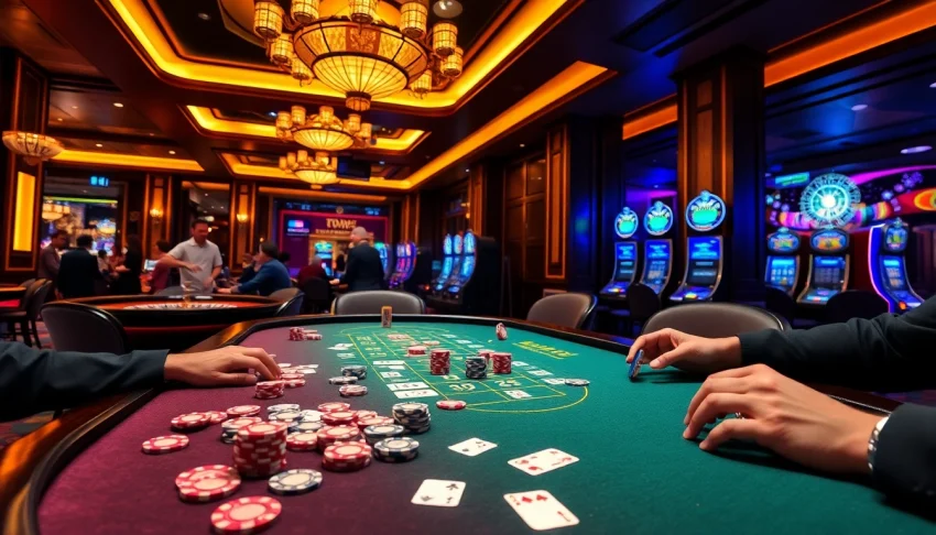 Action-packed casino scene featuring a poker game and roulette, showcasing excitement and the essence of https://789p.directory/.